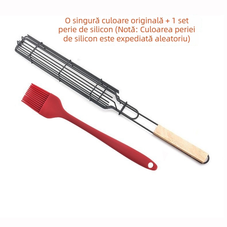 Accesorii pentru grătar în aer liber: cușcă pentru cârnați cu mâner din lemn, clips pentru grătar și plasă antiaderentă
