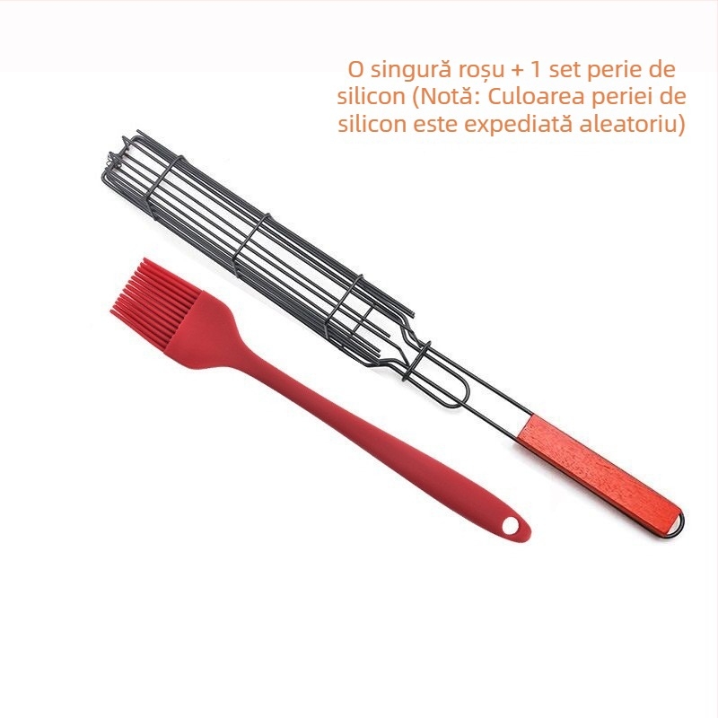 Accesorii pentru grătar în aer liber: cușcă pentru cârnați cu mâner din lemn, clips pentru grătar și plasă antiaderentă