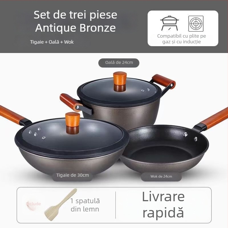Set de vase de gătit din trei piese cu piatră Maifan, tigaie antiaderentă, wok și oală pentru supă, pentru uz casnic, compatibil cu aragaz și plită cu inducție