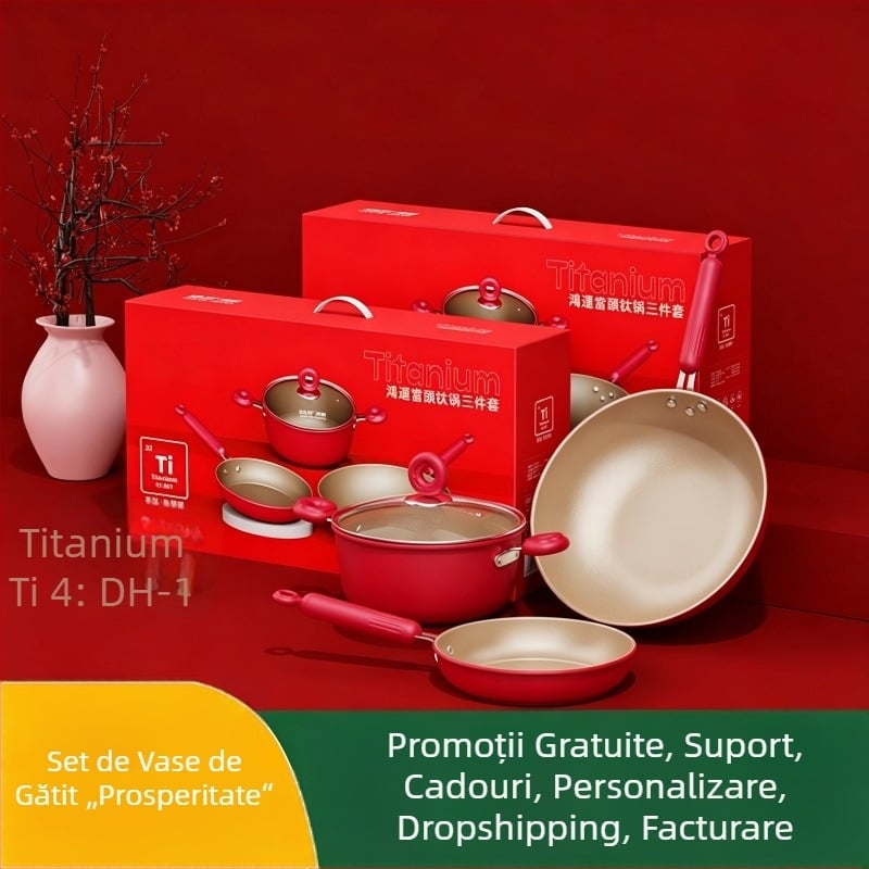 Set de trei vase de bucătărie pentru uz casnic: wok 30 cm, oală de supă cu capac 22 cm, tigaie 22 cm, cu strat antiaderent