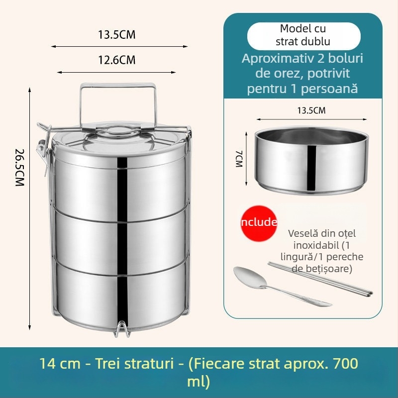 Cutie de prânz izolată din oțel inoxidabil, capacitate mare, cu mai multe compartimente, portabilă, pentru adulți