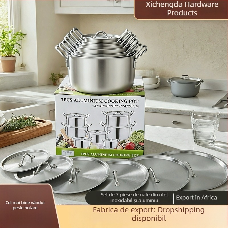Set de oale din aluminiu întărit, 7 piese, cu capace, dimensiuni 14-26 cm