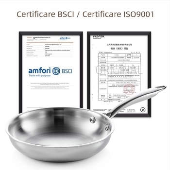 Tigaie și wok din oțel inoxidabil 304, 24 cm, bază plată, compatibil cu aragazuri cu gaz și inducție, netencuit, capac din sticlă