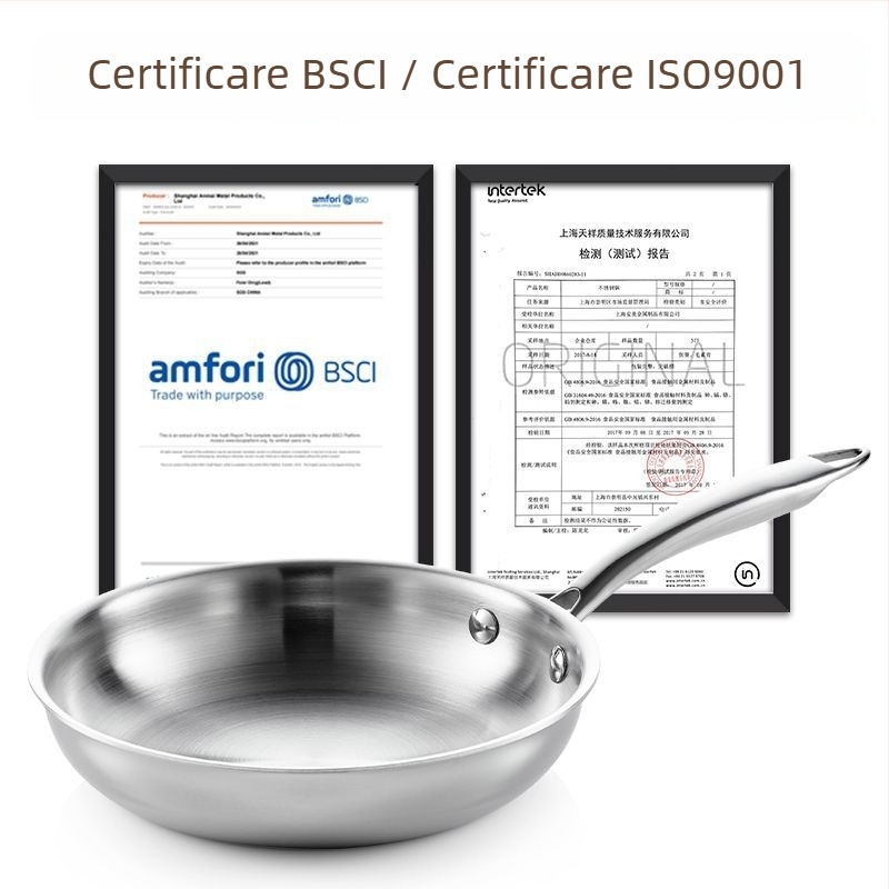 Tigaie și wok din oțel inoxidabil 304, 24 cm, bază plată, compatibil cu aragazuri cu gaz și inducție, netencuit, capac din sticlă