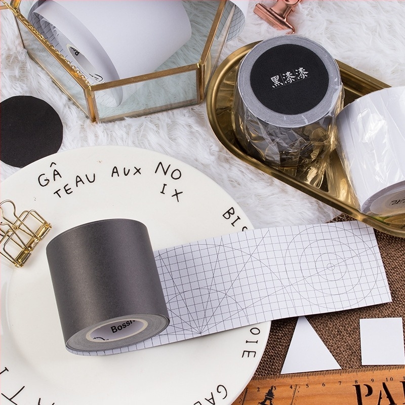 Bandă Washi pentru jurnal și bază de hârtie pentru planner – decorare DIY, fundal negru-alb cu autocolante