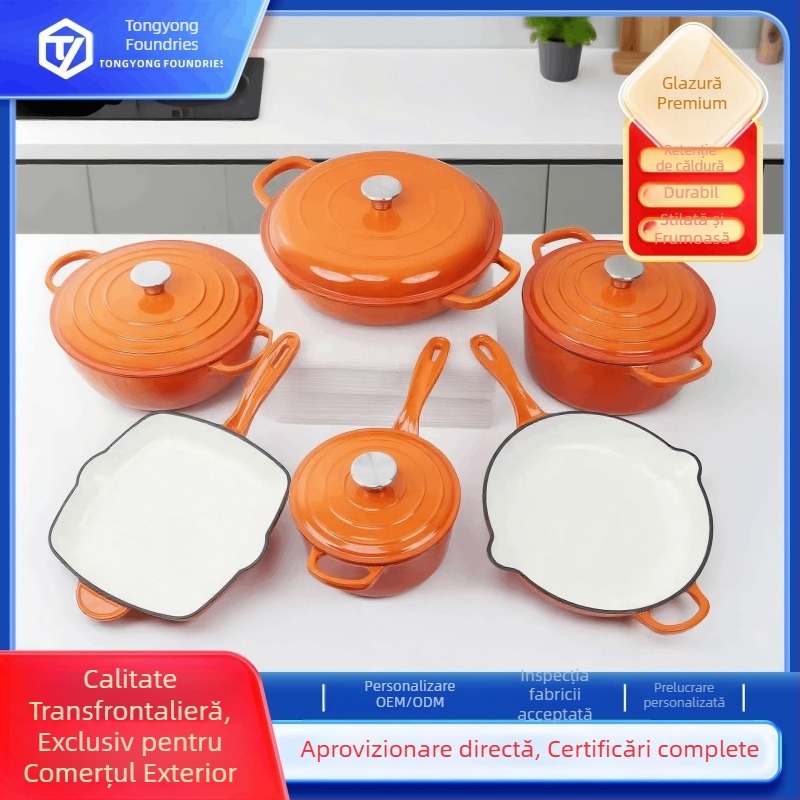 Set de 6 oale emailate din fontă, cu mâner dublu, potrivite pentru inducție și plită pe gaz, personalizabil