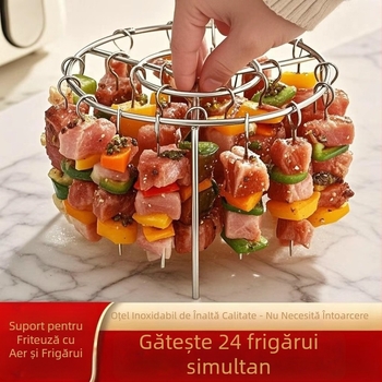 Grătar rotund vertical din oțel inoxidabil, suport cu frigărui atârnate, pentru friteuză cu aer și cuptor, include 24 frigărui