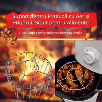 Grătar rotund vertical din oțel inoxidabil, suport cu frigărui atârnate, pentru friteuză cu aer și cuptor, include 24 frigărui