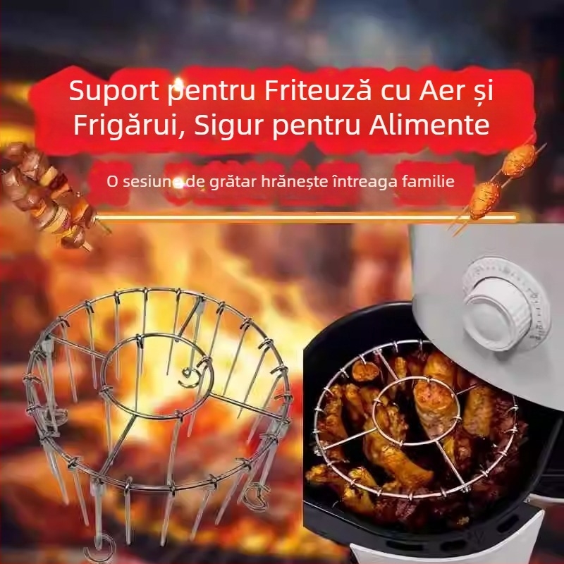 Grătar rotund vertical din oțel inoxidabil, suport cu frigărui atârnate, pentru friteuză cu aer și cuptor, include 24 frigărui