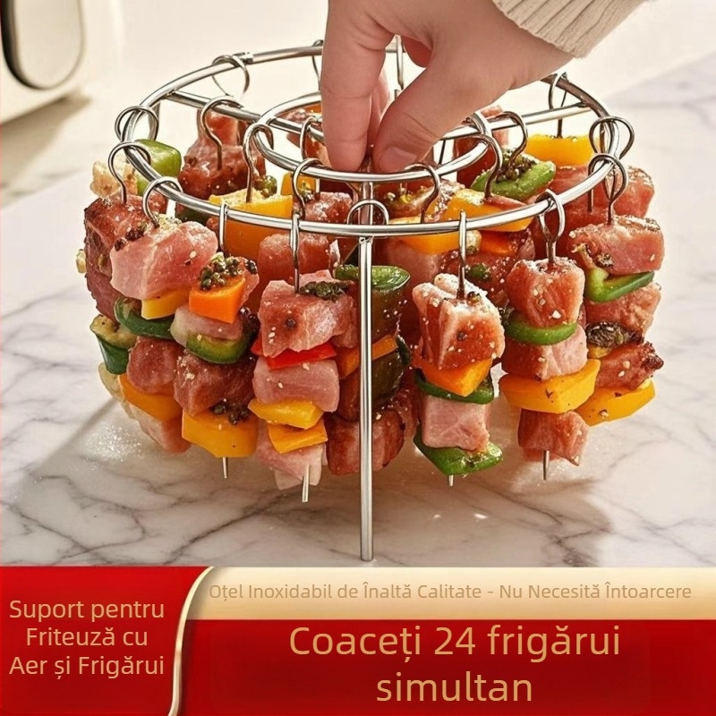 Grătar rotund vertical din oțel inoxidabil, suport cu frigărui atârnate, pentru friteuză cu aer și cuptor, include 24 frigărui