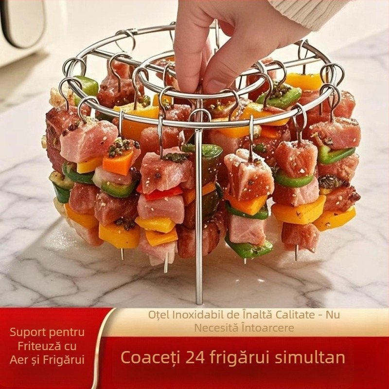 Grătar rotund vertical din oțel inoxidabil, suport cu frigărui atârnate, pentru friteuză cu aer și cuptor, include 24 frigărui