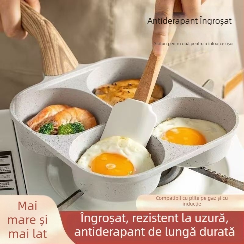 Tigaie antiaderentă cu patru găuri pentru ouă, pentru uz casnic, ideală pentru ouă, burgeri și clătite