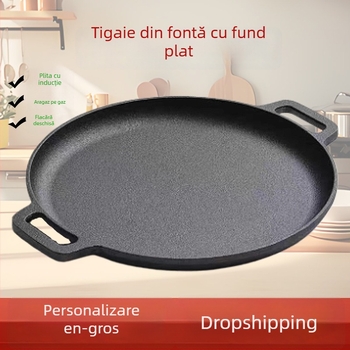 Tigaie din fontă pentru clătite, cu strat antiaderent, grătar plat, bază îngroșată, mâner dublu