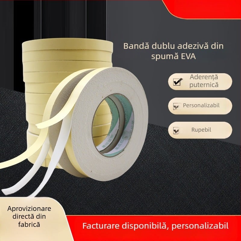Bandă dublu adezivă din spumă EVA, cu aderență puternică, rezistentă la apă, PE bază, 1 mm grosime, 1 cm lățime, 10 m lungime, substrat din spumă pentru aplicații publicitare.