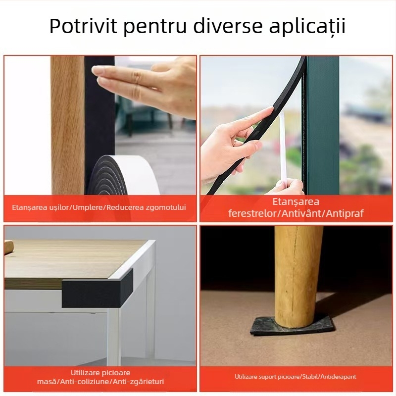 Bandă EVA pentru etanșare uși și ferestre, autoadezivă, cu nucleu spongios, izolare fonică și protecție împotriva prafului