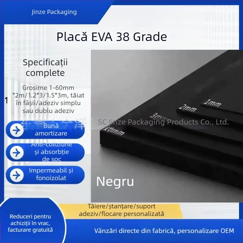 Foaie și rolă din spumă EVA, neagră, densitate înaltă, elasticitate ridicată, anti-statică, ignifugă, grosime 1–60 mm, densitate 25–70 kg/m³, culoare personalizabilă