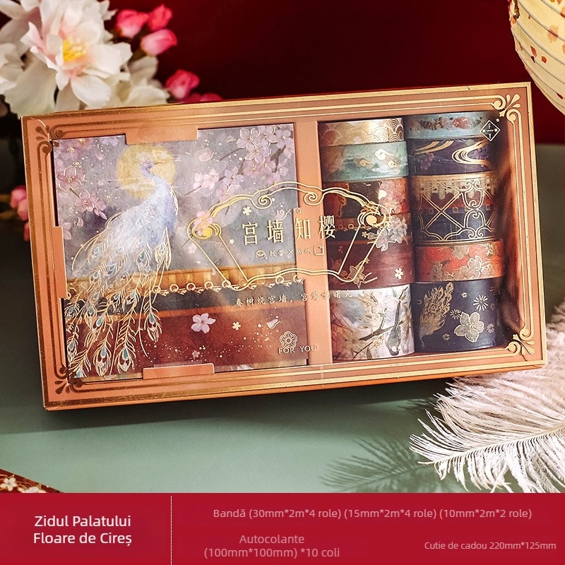 Seria Fuyou 10x10 bandă adezivă în cutie cadou, motiv păun, folie aurie – bandă decorativă pentru agende studențești