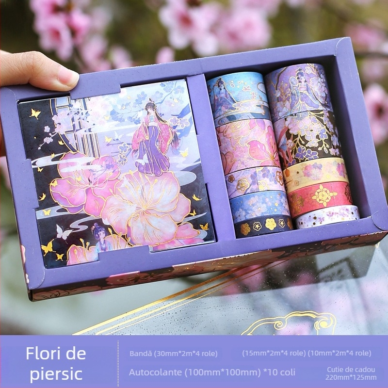 Seria Fuyou 10x10 bandă adezivă în cutie cadou, motiv păun, folie aurie – bandă decorativă pentru agende studențești