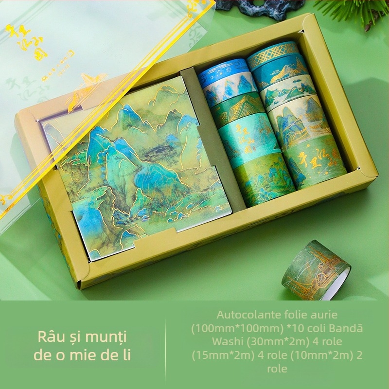 Seria Fuyou 10x10 bandă adezivă în cutie cadou, motiv păun, folie aurie – bandă decorativă pentru agende studențești