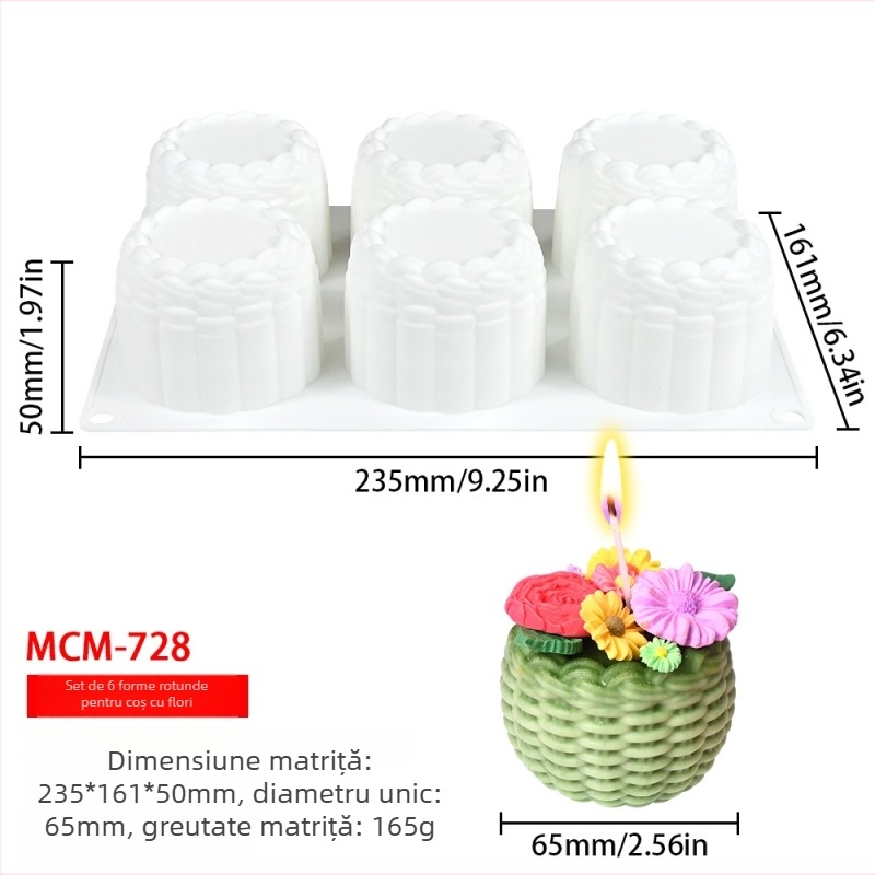 Set de 6 forme rotunde pentru coșuri cu flori pentru mousse, matriță din silicon pentru deserturi și prăjituri, textură împletită, matriță pentru lumânări aromatice