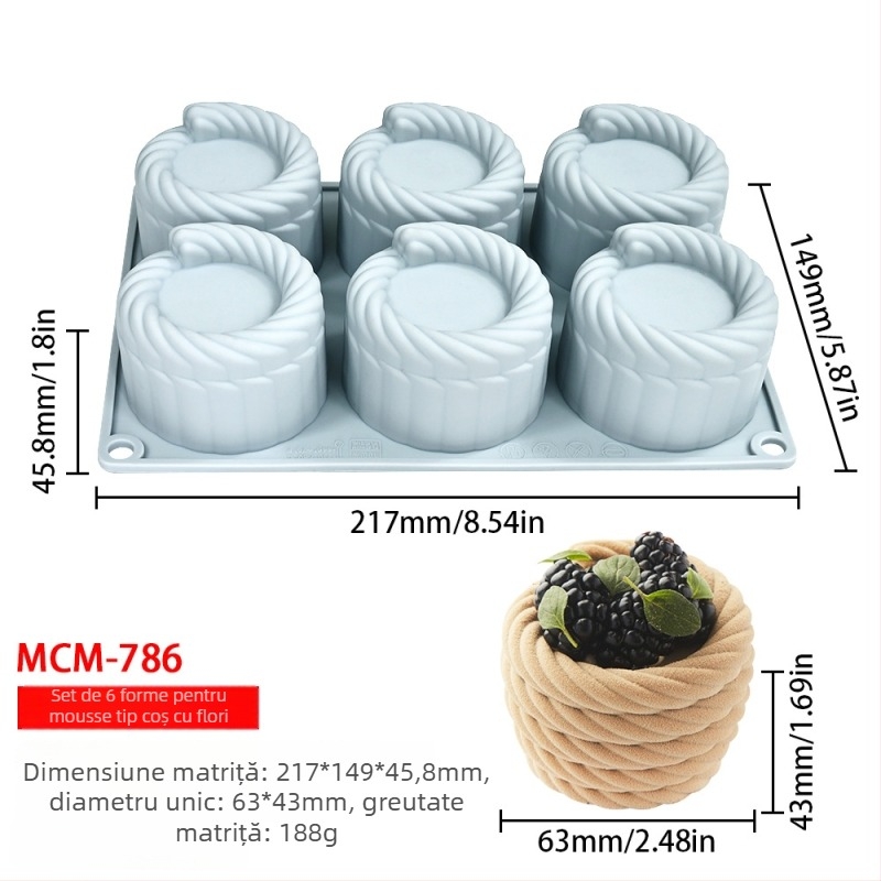 Set de 6 forme rotunde pentru coșuri cu flori pentru mousse, matriță din silicon pentru deserturi și prăjituri, textură împletită, matriță pentru lumânări aromatice