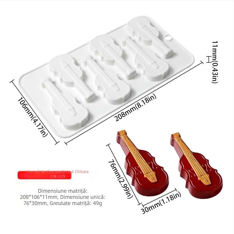 Formă din silicon cu șase cavități, în formă de vioară, pentru ciocolată, decorarea torturilor și fursecurilor
