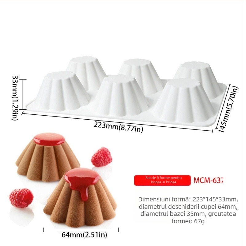Formă din silicon cu 6 cavități pentru budincă și cremă, formă trapezoidală cu dantelă pentru tort chiffon și deserturi cu ciocolată