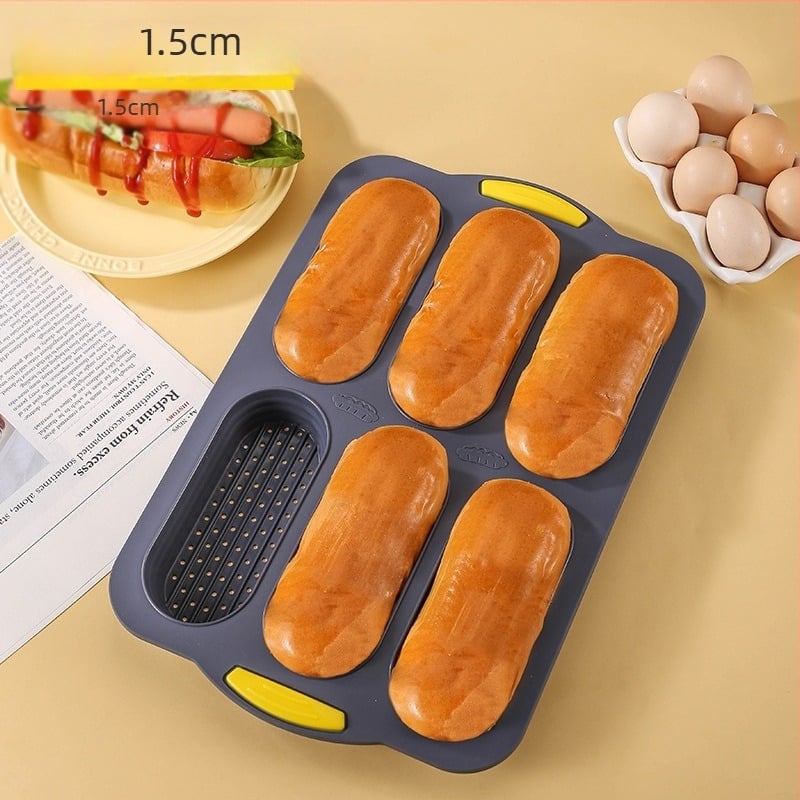 Tavă de copt din silicon alimentar pentru pâine franțuzească, 6 cavități, formă deschisă cu găuri pentru cârnați în chifle, antiaderentă