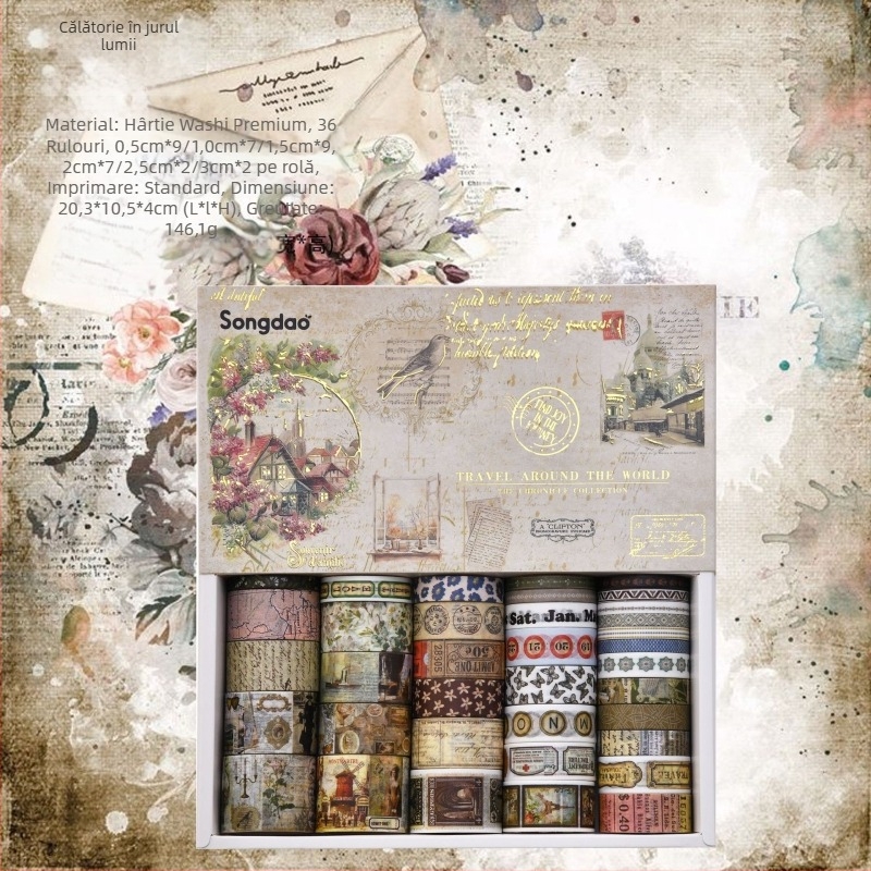 Set Washi cu folie aurie și autocolante pe hârtie pentru decor DIY și jurnal