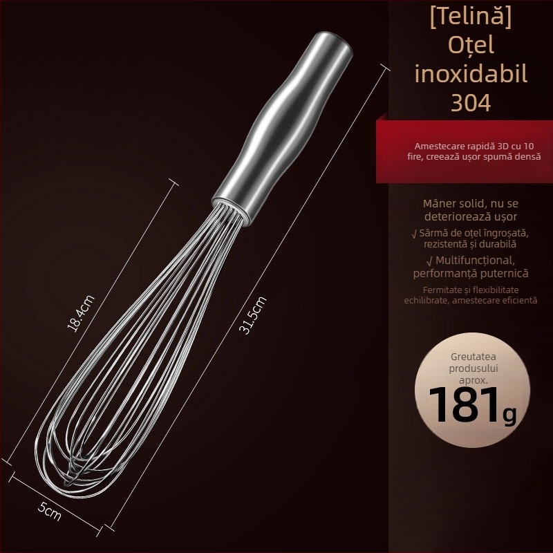 Tel pentru ouă din oțel inoxidabil 304 – mâner manual, pentru albușuri și smântână, bucătărie de coacere