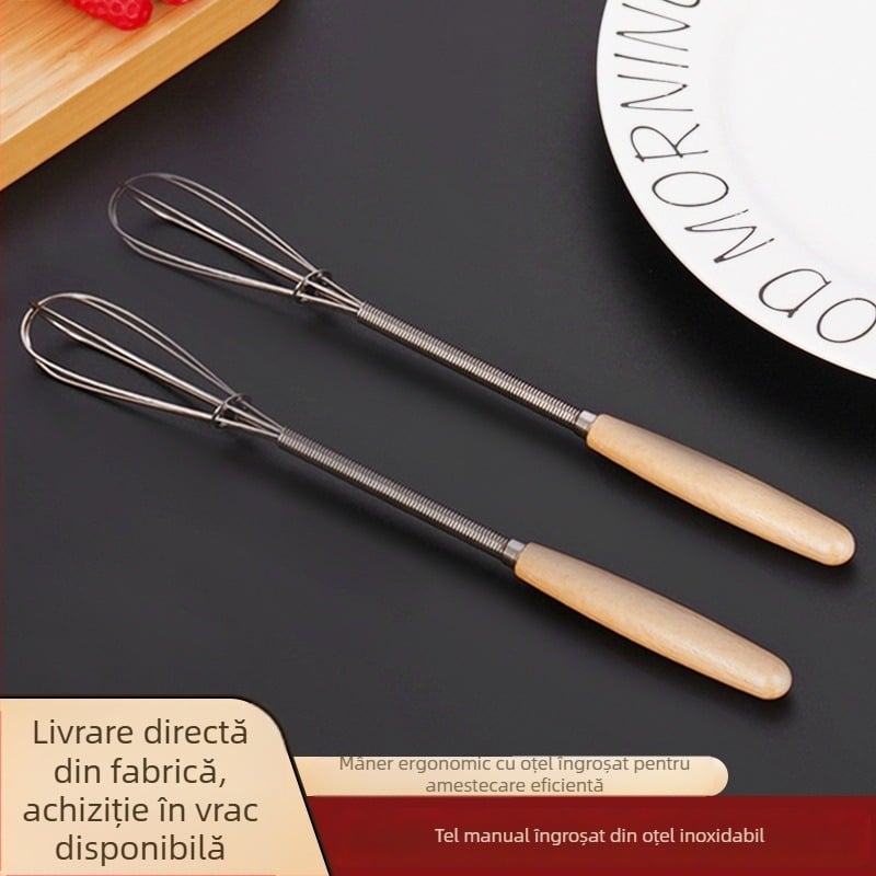 Bețișor de ouă manual cu mâner din lemn, mini mixer, oțel inox, utilizare casnică, stil japonez