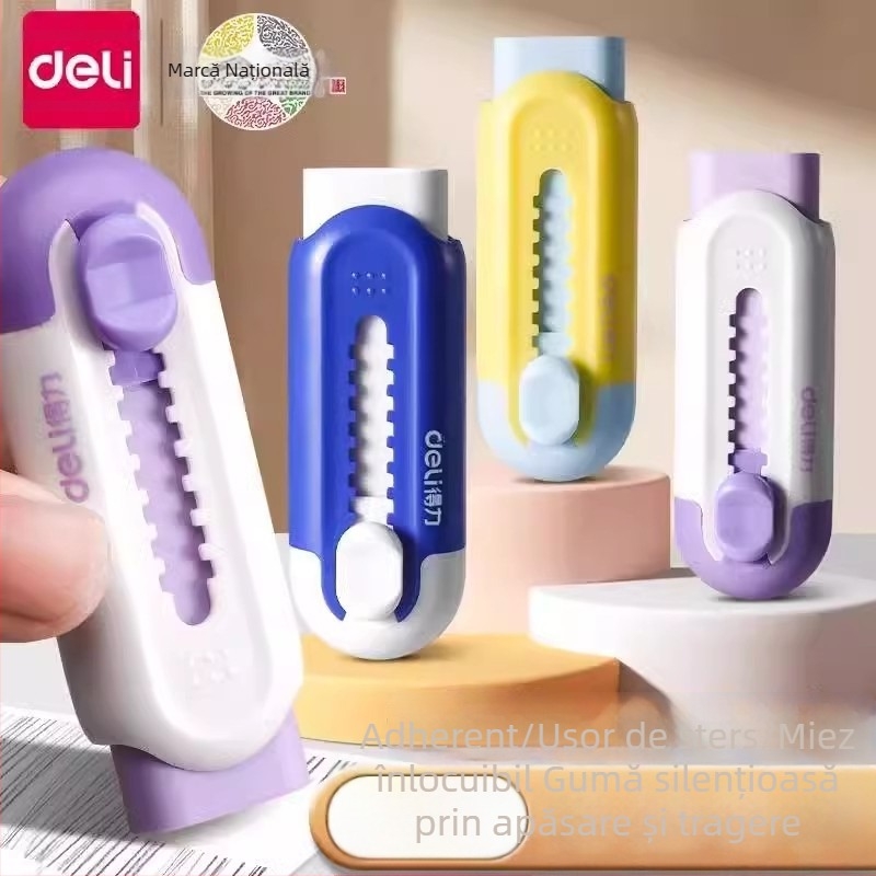 Deli VP455 Radieră colorată cu mecanism push-pull pentru elevi din învățământul primar — urme minime, firimituri puține