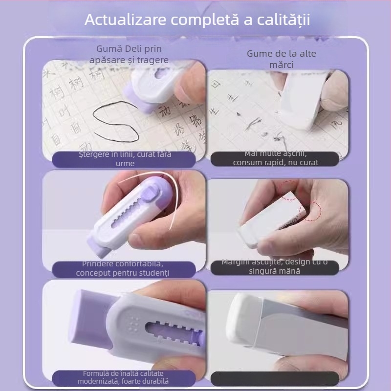Deli VP455 Radieră colorată cu mecanism push-pull pentru elevi din învățământul primar — urme minime, firimituri puține