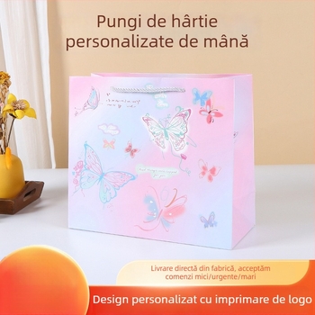 Geantă de cadouri personalizată – seria Fluture, sac de hârtie cu mâner, pentru zile de naștere, nunți și sărbători, capacitate mare