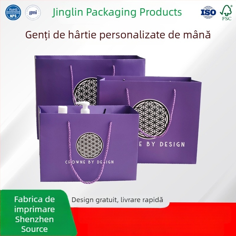 Genți tote din carton alb, personalizabile pentru cadouri și cumpărături, imprimare offset cu ștampilare argintie
