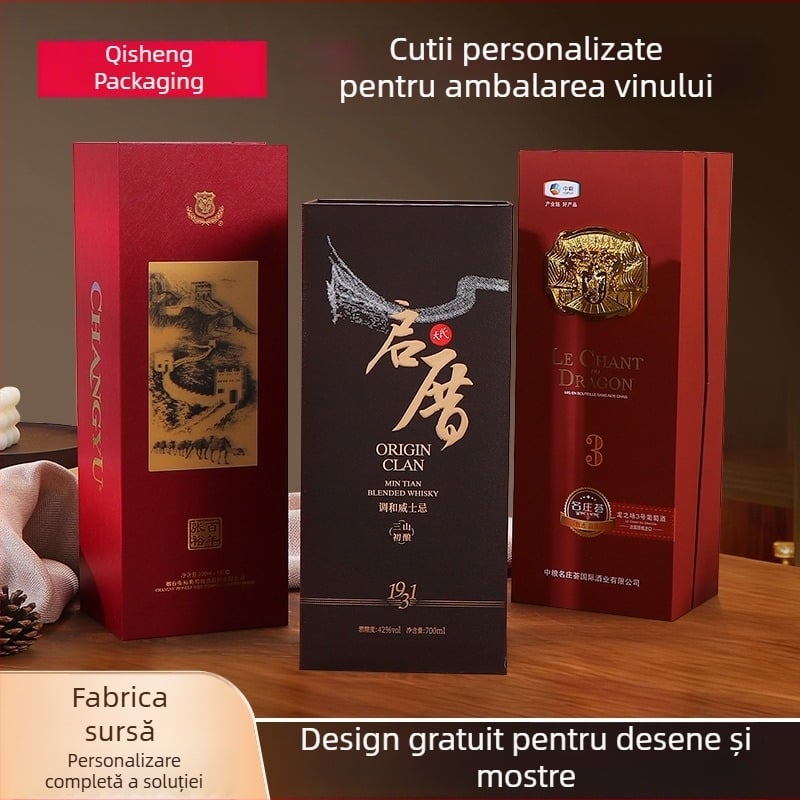 Cutie personalizată de ambalaj pentru vin roșu — cutie universală de cadouri pentru vin și băuturi spirtoase — cutie portabilă pentru o sticlă, cu ștampilare aurie — cutie cu două inserții