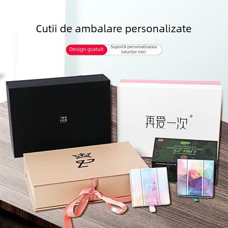 Cutie cadou neagră dreptunghiulară cu capac rabatabil, panglică, design cu capac dublu, ștanțare cu logo pentru ambalaj de ziua de naștere