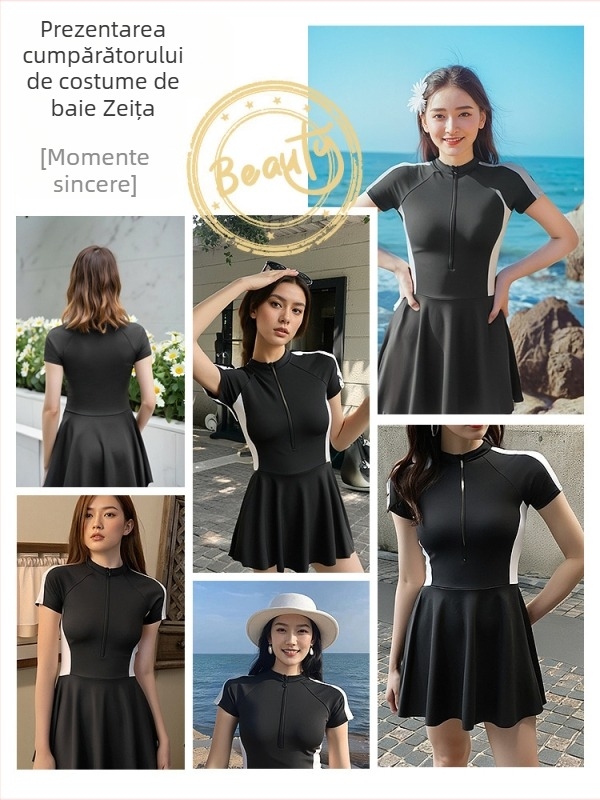Costum de baie întreg pentru femei cu fermoar, stil sport, croială conservatoare, efect de subțiere, stil japonezo-coreean, costum de baie pentru băi termale