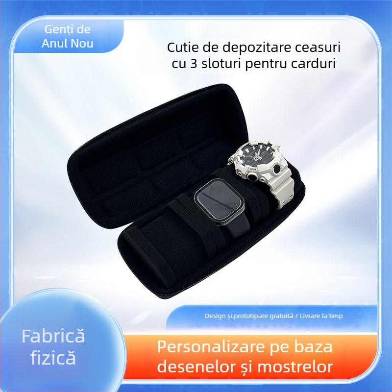 Cutie de depozitare pentru ceasuri cu 3 compartimente, spumă EVA, compactă pentru călătorii