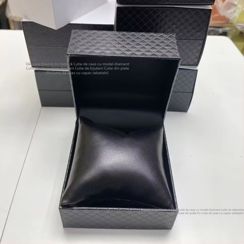 Cutie pentru ceasuri cu model diamant, cutie din piele PU, organizator de bijuterii cu capac rabatabil