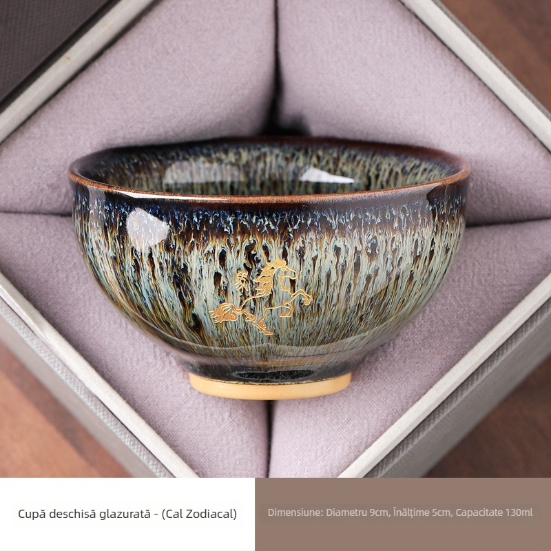 Ceșcuță de ceai Kung Fu cu douăsprezece zodii, gravată pentru utilizare personală, ceașcă ceramică cu glazură Jian kiln