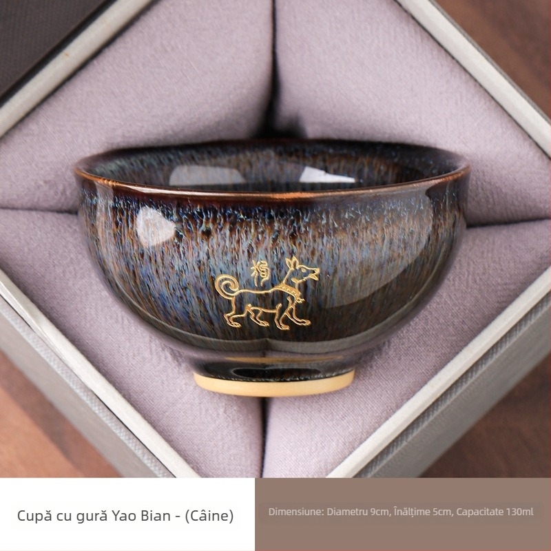 Ceșcuță de ceai Kung Fu cu douăsprezece zodii, gravată pentru utilizare personală, ceașcă ceramică cu glazură Jian kiln