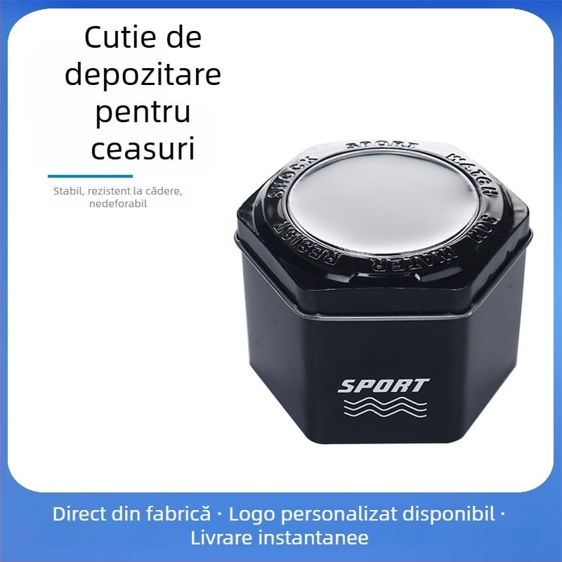 Cutie metalică neagră hexagonală pentru ceasuri de sport — ambalare și cutie cadou, cu posibilitatea de logo