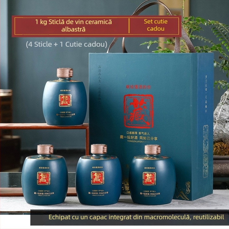 Sticlă de vin ceramică Jingdezhen cu capac sigilat - stil antic, recipient pentru vin alb, disponibile în 1 kg, 1,5 kg și 2,5 kg