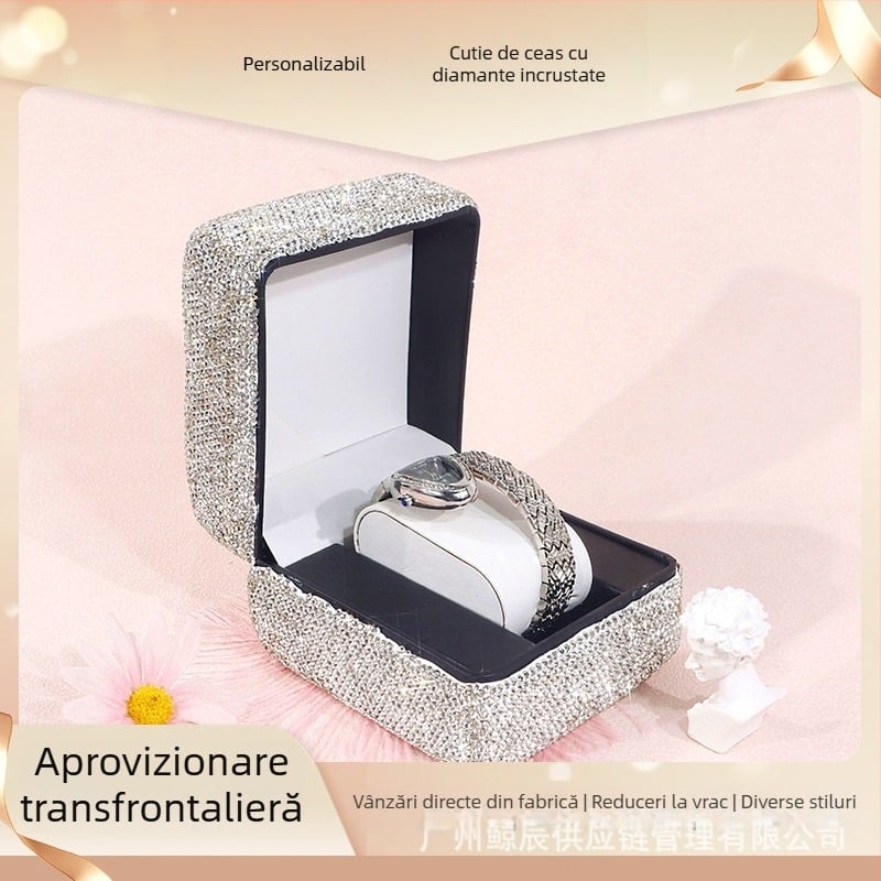 Cutie mică de depozitare pentru bijuterii, cu cristale, aspect luxos, cu cristale albe, pentru inele și ceasuri, cutie pentru cererea în căsătorie