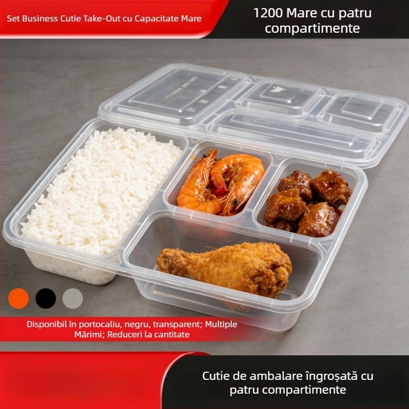 Cutie de prânz de unică folosință din plastic, dreptunghiulară, cu mai multe compartimente pentru mâncare la pachet