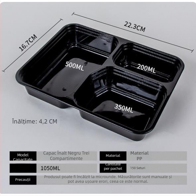 Cutie de prânz de unică folosință din plastic, dreptunghiulară, cu mai multe compartimente pentru mâncare la pachet