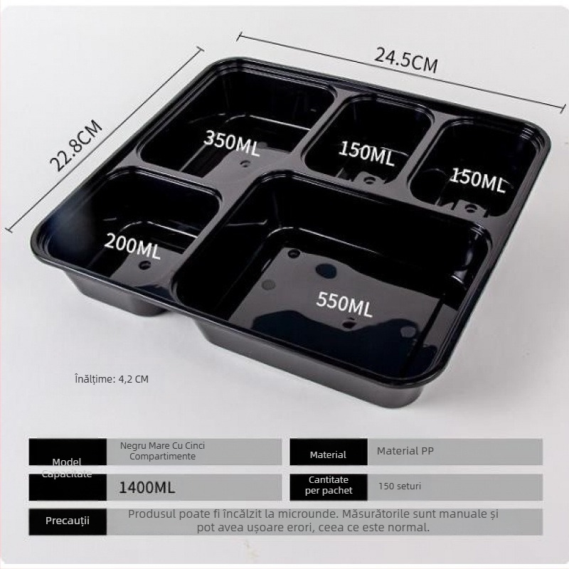Cutie de prânz de unică folosință din plastic, dreptunghiulară, cu mai multe compartimente pentru mâncare la pachet
