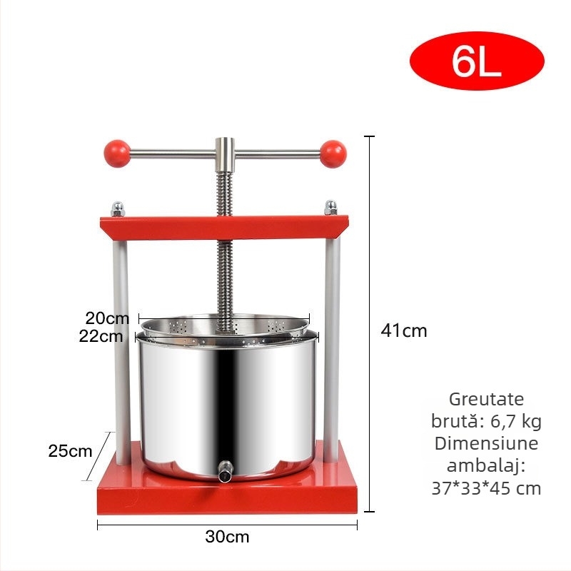 Presă manuală din oțel inoxidabil, 6L, pentru suc, separare pulpa, presare brânzeturi, filtru bucătărie