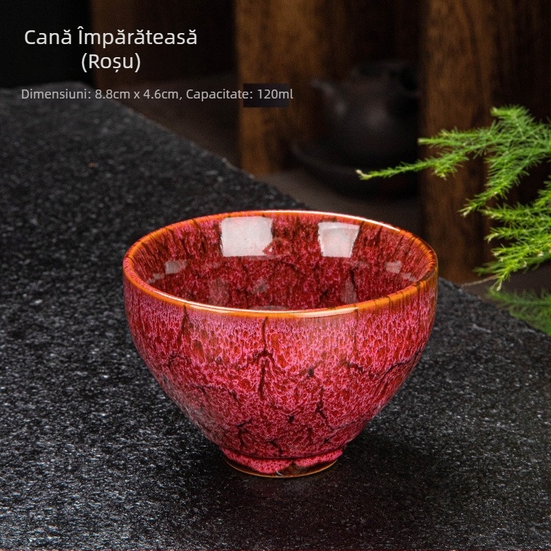 Ceșcuță de ceai din porțelan, pentru o singură ceașcă, cu glazură Tianmu și finisaj cu fisuri de gheață, nuanță nisip aurie; accesorii Gongfu pentru ceai